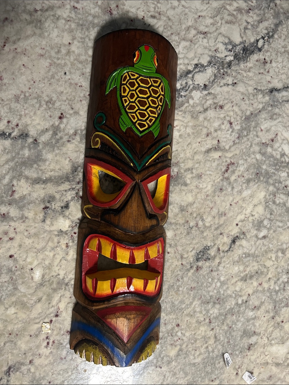 Hand-Painted Wooden Tiki Mask with Turtle Motif - Brown, Green & Red